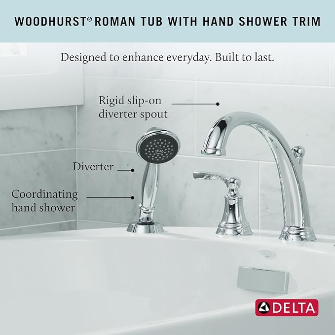 Delta Woodhurst Roman Tub Faucet with Hand Shower, Chrome Deck Mount Bathtub Faucet, Chrome T4732 (Valve sold separately)