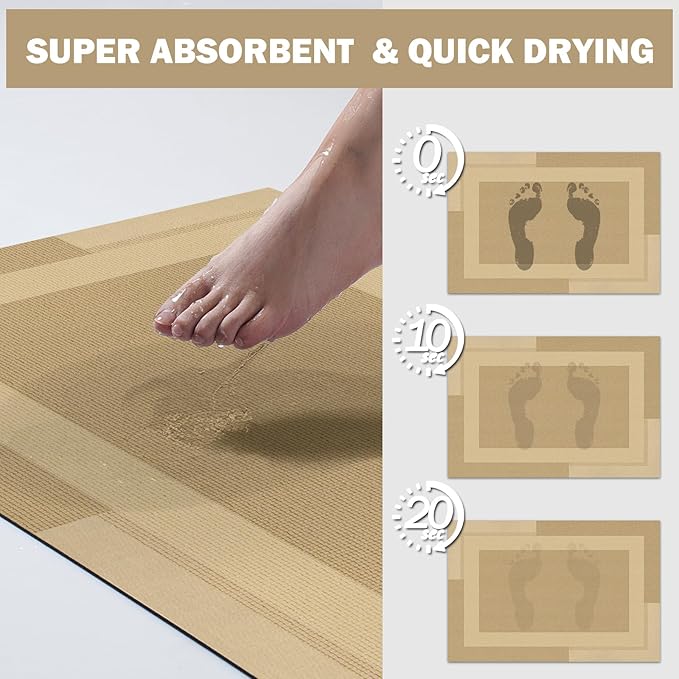 Non Slip Long Bathroom Runner Rug Bath Mat, Rubber Backing Ultra Thin Bathroom Rugs Fit Under Door Quick Dry Super Absorbent Washable Shower Mat for Bathtub Sink Floor, Brown 17"x59"