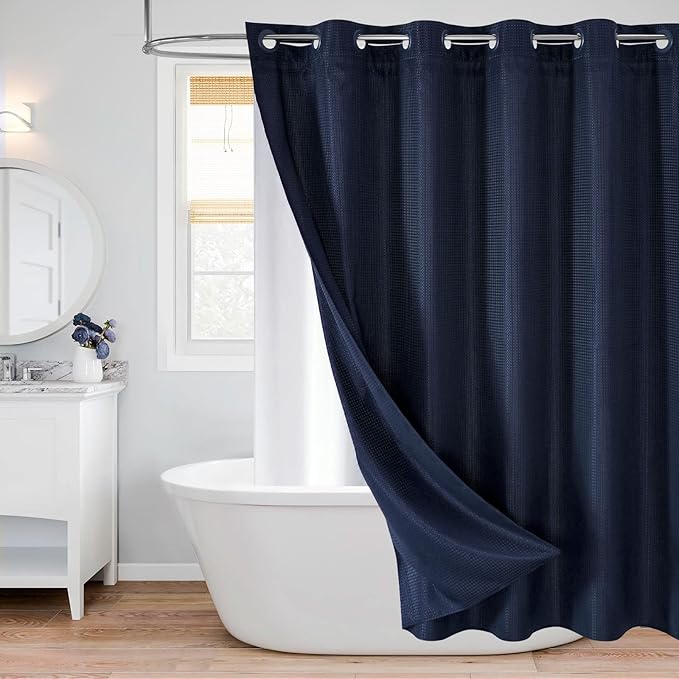 MitoVilla No Hooks Needed Extra Long Shower Curtain Liner Set, Navy Blue 86 inch XL Waffle Fabric Shower Curtains Set with Snap-in Liner for Luxury Hotel Grade & Spa-Like Bathroom Decor