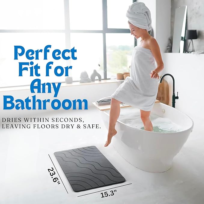 Stone Bath Mat – Quick Drying Diatomaceous Earth Bath Mat, Super Absorbent Bathroom Stone Mat, Non-Slip Shower Stone Mat, Modern Water Absorbing Bath Mat for Bathroom & Kitchen (23.6” x 15.3”, Gray)