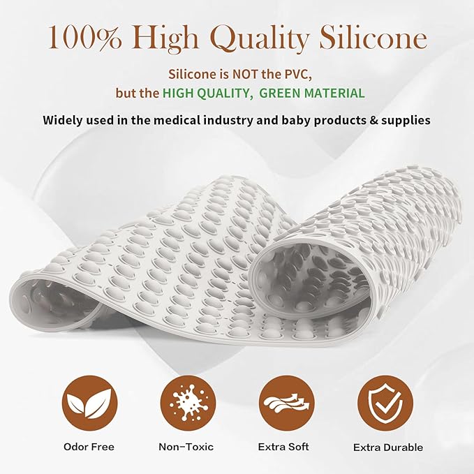 Silicone Push Pop Bath Mat with 391 Suction Cups, 33x17.3 Inch Non-Slip Tub Mat for Adults, Textured Surface for Extra Stability & Drainage, White Thickened Soft Shower mat Easy to Clean