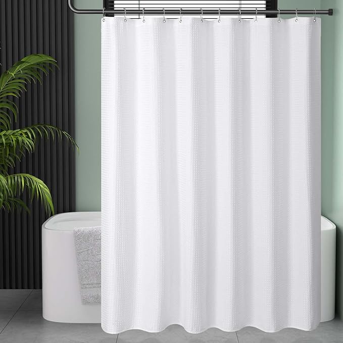 AmazerBath Short Shower Curtain 72x65 Inches, White Shower Curtain Waffle Textured, Heavy Duty 240GSM, Fabric Shower Curtain, Hotel Quality Bathroom Shower Curtains, Thick and Heavy