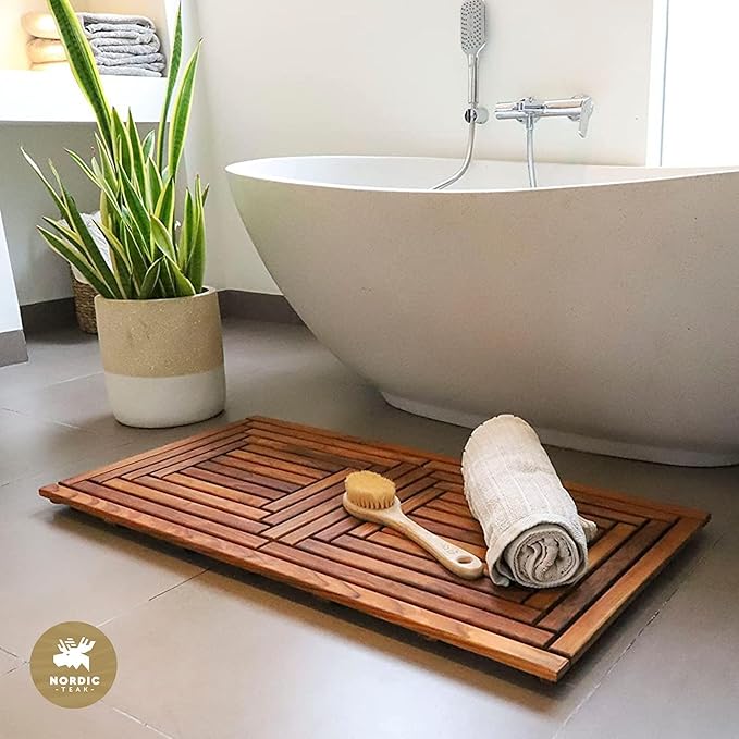 Nordic Style Teak Shower, Bath and Spa Mat | Indoor + Outdoor Use | Non-Slip Wood Platform | Spa, Sauna, Pool, Hot Tub | Luxury Decor | Framed Oiled Finish (40" x 20")