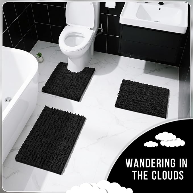 Yimobra Bathroom Rugs Non Slip Washable - Ultra Soft Absorbent Chenille Bath Mat, Quick Dry Shaggy Floor Carpet for Tub Shower, Black Home Decor Accessories, 24x17 Inch
