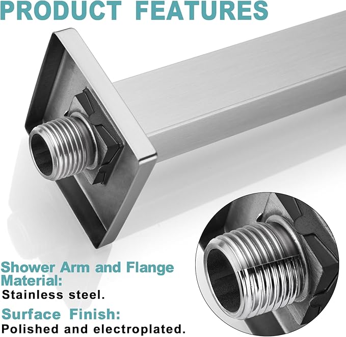 BESTILL 24 Inch Brushed Nickel Ceiling Mount Shower Arm and Flange, Square Rain Shower Arm