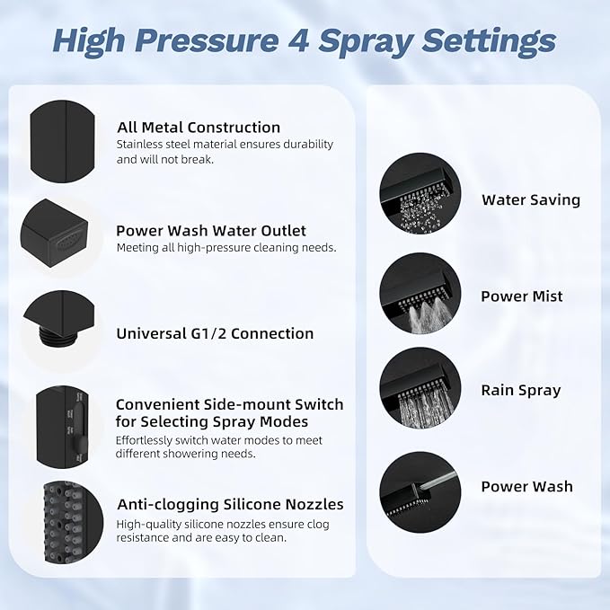 Hibbent Upgraded cUPC Certified 13'' Shower Head Combo, High Pressure 5-spray Rainfall Showerhead, Stainless Steel 4 Spray Handheld, All Metal 4-way Diverter Arm, 71'' Hose and Holder, Black