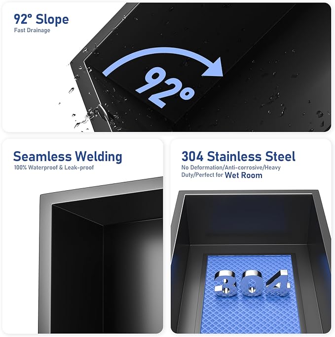 Stainless Steel Shower Niche 24" X 12" Matte Black No Tile Needed Niche Shower for Bathroom Storage Recessed Wall Niches Bathroom Shelf Over Mount Installation