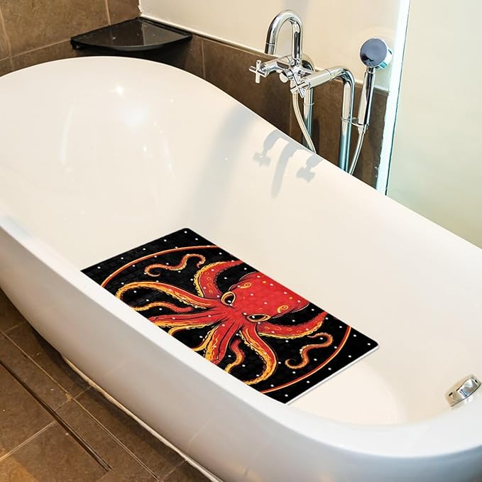 Bathtub Mats for Shower Tub, Anti-Slip Bath Mats for Inside Tub, Bathroom Shower Mats with Drain Holes and Suction Cups (Aesthetic Red and Yellow Octopus Black Background)