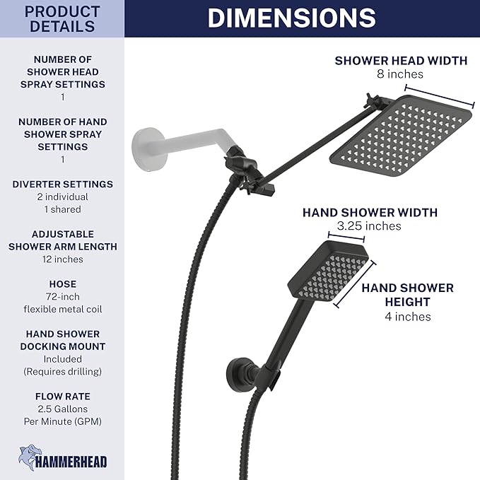 HammerHead® Solid Metal Dual Shower Head Combo — 8" Square Rain Shower Head with Handheld, 12" Adjustable Arm & Wall-Mount Holder for Flexible Installation — Matte Black