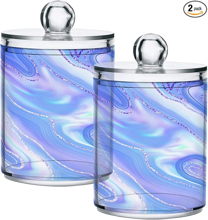 MNSRUU 2 Pack Qtip Holder Organizer Dispenser Liquid Shiny Blue Bathroom Storage Canister Cotton Ball Holder Bathroom Containers for Cotton Swabs/Pads/Floss