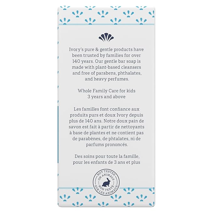 Ivory Gentle Bath Bar Soap, Designed for Whole Family, 99.44% Pure Formula with Plant-Based Cleansers, Made Without Heavy Perfumes, Parabens or Phthalates, Original Scent, 4.0 oz (4 Count)