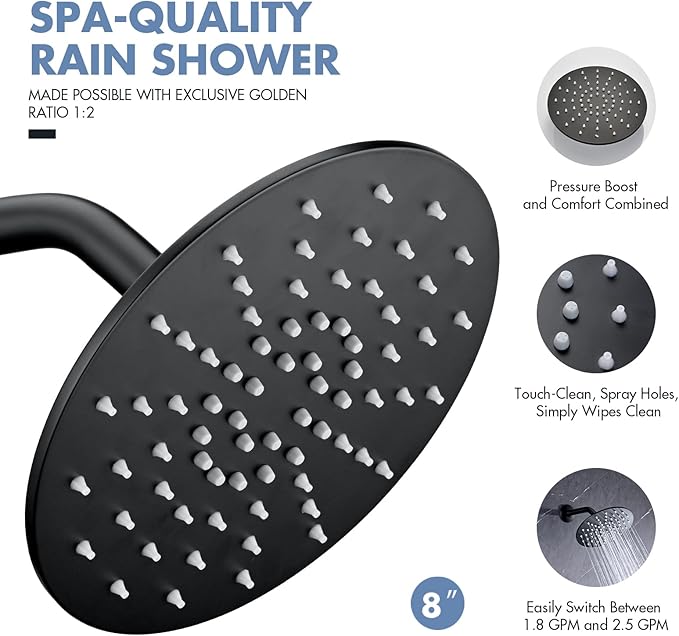 Rainfall Shower Head, MEDIOMI Rain Shower Head Set - Ultra-Thin Design High Flow Stainless Steel Large Round Rain Shower Heads with Shower Arm and Flange (8-Inch, Matte Black)