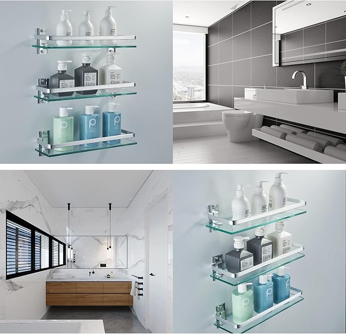 AIJALY 3 Pack Bathroom Glass Shelf,Aluminum Tempered Glass 0.34in Extra Thick Rectangular 1 Tier Storage Organizer Wall Mount,Silver 15.7in