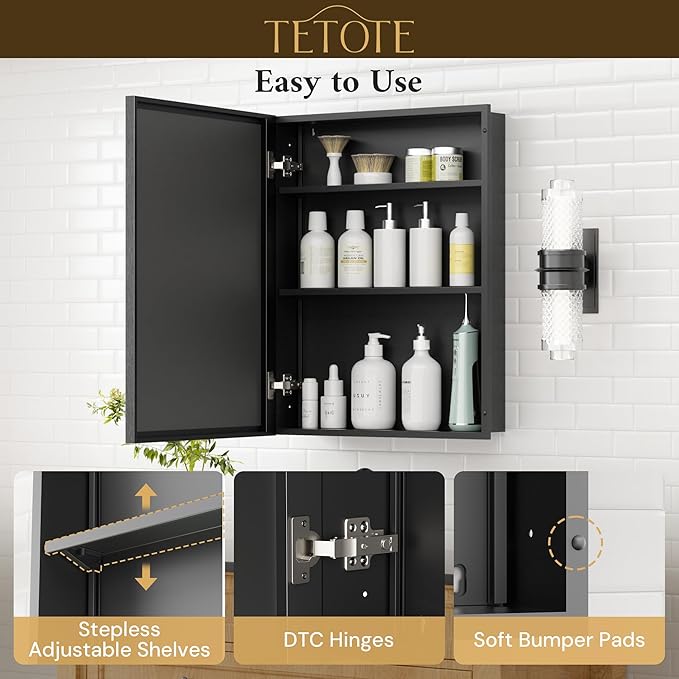 TETOTE 16" x 24" Medicine Cabinet with Beveled Mirror Black Framed Recessed Medicine Cabinet for Bathroom with Stepless Adjustable Shelves Wall-Mounted