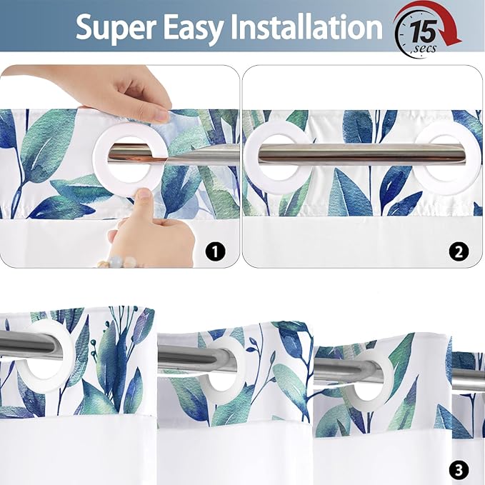 No Hook Shower Curtain and Liner Set, Blue Eucalyptus Floral Shower Curtains for Bathroom, Bath Curtain Sets with Snap in Liner, Waterproof with See Through Top Window, 71x84 Inches