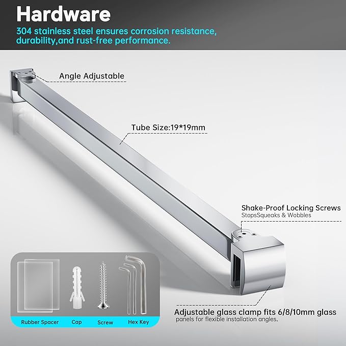 Frameless Shower Door Support Bar, Stainless Steel Wall-to-Glass Support Arm to Fixed Shower Glass Panel, for 1/4"-3/8" (6-10 mm) Door, 180° Pivot & Stow-Flat Mode (Chrome, 19.7-inch(500mm))