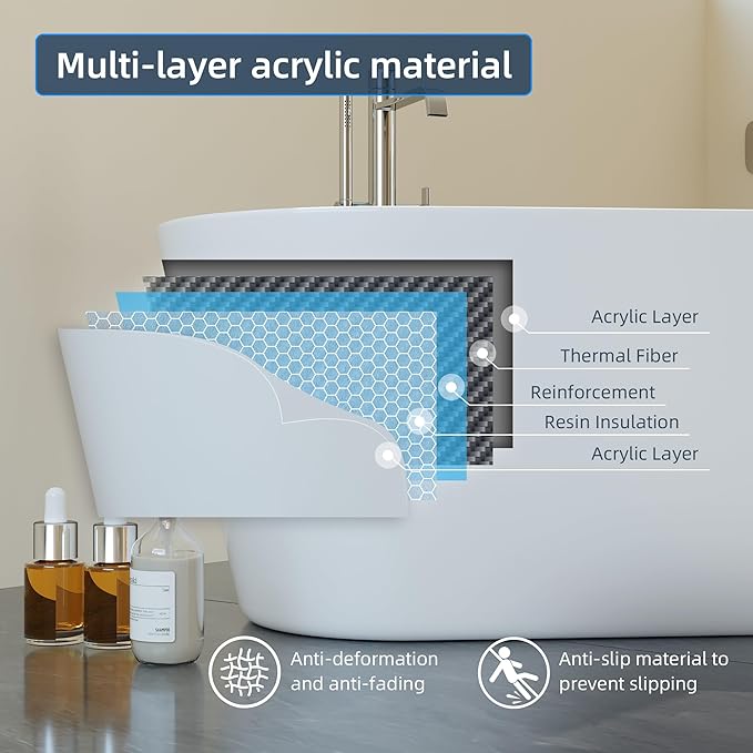 67 Inch Freestanding Bathtub, Acrylic Soaking Bathtub with Chrome Drain and Overflow, Standalone Ergonomic Tub for Bathroom Relaxation, Deep Design for Family and Guest Use
