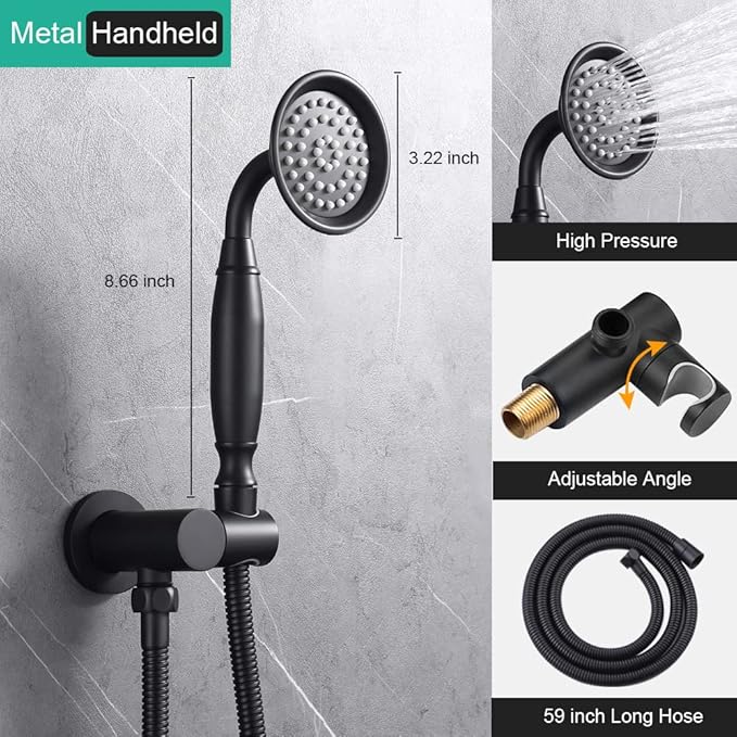 Dual Antique Shower Head System with Tub Spout: 9" Ceiling Mounted Rain & 6" Wall Mount Rainfall, Handheld Spray Vintage Faucet Set, 4 Way Diverter Brass Valve with Trim Kit, Matte Black