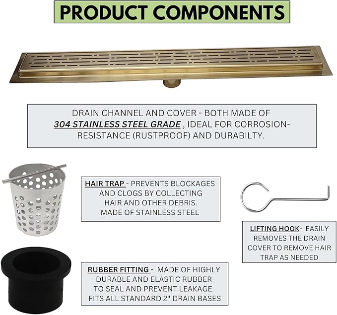 SereneDrains 304 Stainless Steel 39 Inch Brushed Gold Shower Drain Kit Broken Lane Brass Linear Shower Drains Long Hair Catcher Strainer Grate Cover Bathroom Floor (Matte Gold, 39 Inch)