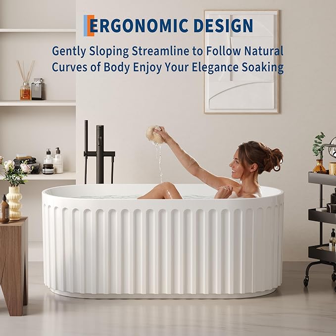 59 Inch Acrylic Freestanding Bathtub with Textured Stripes, Deep Soak Tub, Space-Saving, Glossy Surface, Luxury Spa Design for Modern Bathrooms