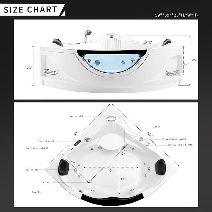 Empava 2 Person Whirlpool Bathtub,Corner Jetted Bathtub with Heater,Corner Jetted Tub with Light,Spa Bath tub with 10 Jets,Hydro Massage Tub with Chromatherapy,ETL Certified