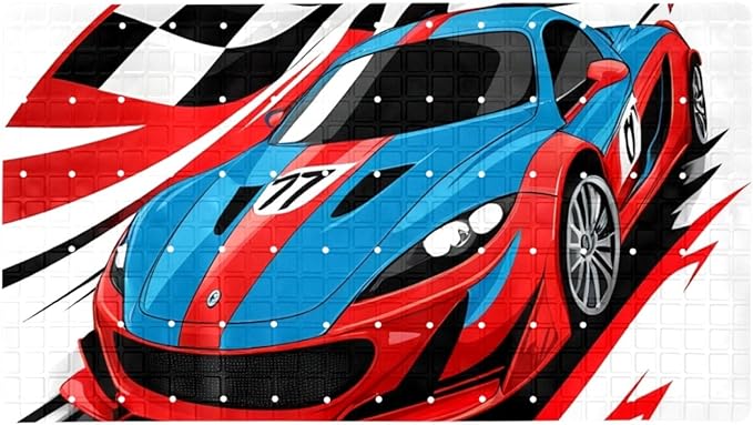 Bath Tub and Shower Mats, Non Slip Bathmat with Drain Holes and Suction Cups for Bathroom Floor, 15.1 x 26.8 Inch (Red and Blue Race Car with Checkered Flag)