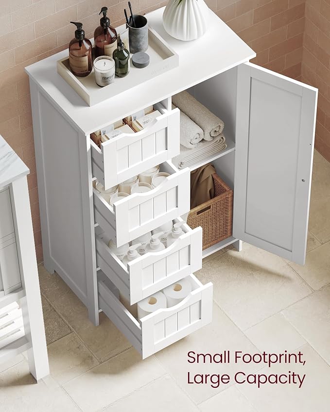 VASAGLE Storage Cabinet with Drawers, Freestanding Floor Cabinet with Door, 11.8 x 21.7 x 32.3 Inches, Adjustable Shelf, for Bathroom, Living Room, Kitchen, Cloud White ULHC041WH01S