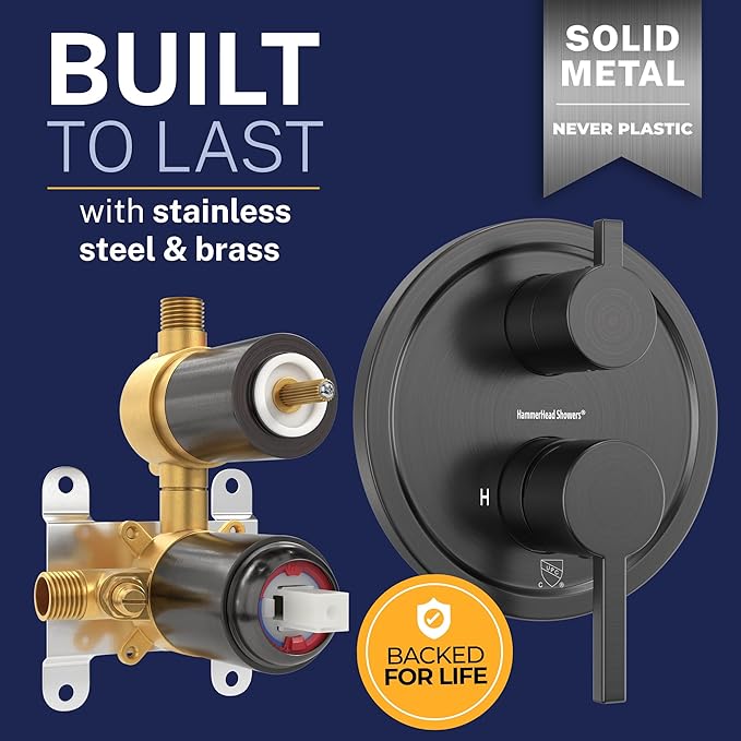 HammerHead Showers Solid Metal Shower Valve and Trim Kit, Two-Handle Volume and Temperature Control with Integrated Diverter, Pressure Balance Rough-In Valve Included, Oil Rubbed Bronze
