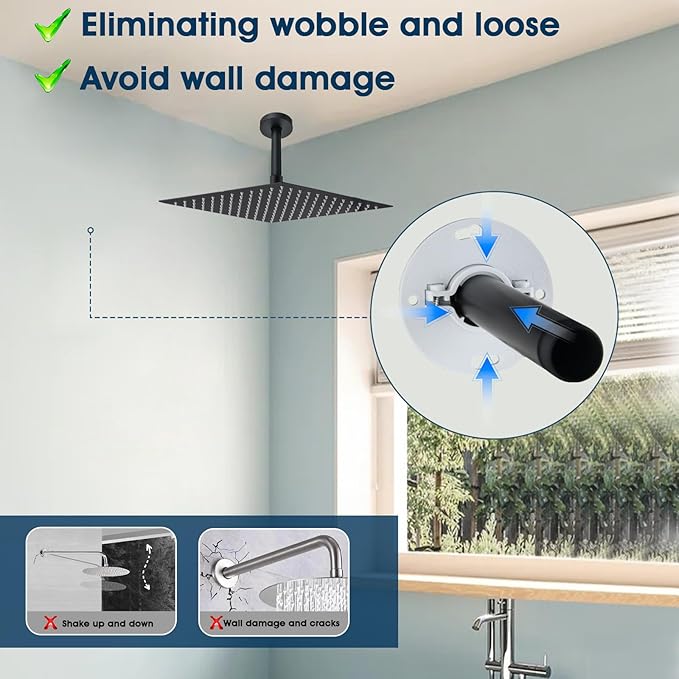 6 Inch Shower Arm with Flange and Stabilizer Bracket, Ceiling Mount Replacement Rain Shower Head 304 Stainless Steel Straight Arm For Fixed Shower Head, Matte Black