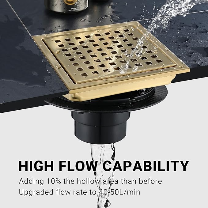 4 Inch Square Shower Floor Drain, Stainless Steel Black Shower Drain Kit with Flange, Floor Drain with Removable Grid Cover,Brushed Gold