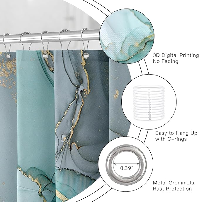 Extra Long Shower Curtain 72 x 96 Inch, Turquoise Floor to Ceiling X-Long Abstract Marble Shower Curtains for Bathroom, Modern Luxury Art Ink Fabric Shower Curtain Set with Hooks
