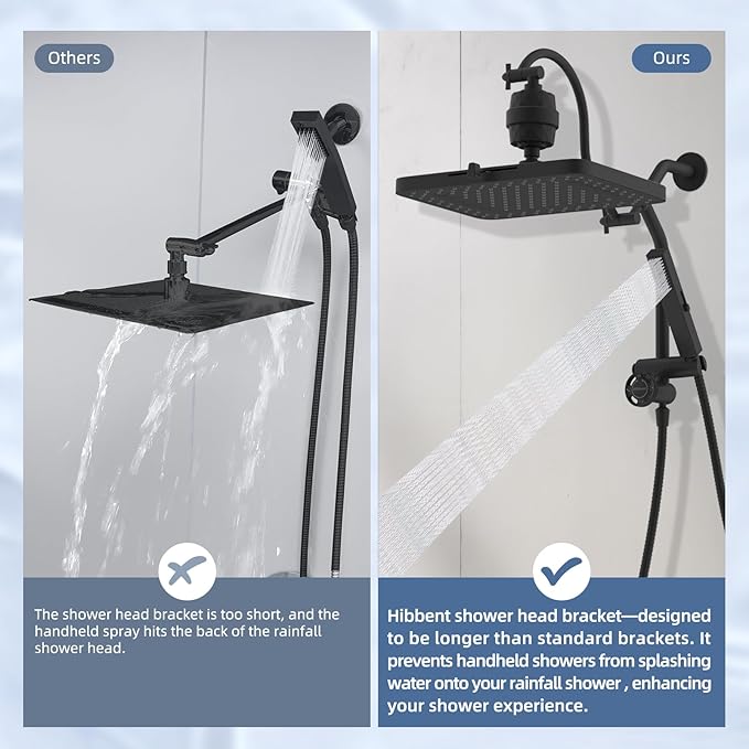 Hibbent 5-spray Filtered Rainfall Shower Head Combo, High Pressure 13'' Showerhead with Stainless Steel 4 Spray Modes Handheld, All Metal 4-way Diverter Arm, Pause Mode, 71'' Hose& Holder, Matte Black
