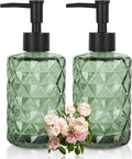 Clear Green Glass Soap Dispenser with Pump, 12oz Diamond Design Hand Soap Dispenser, Refillable Lotion Dispenser & Dish for Dishwashing Liquid, Shower Gel