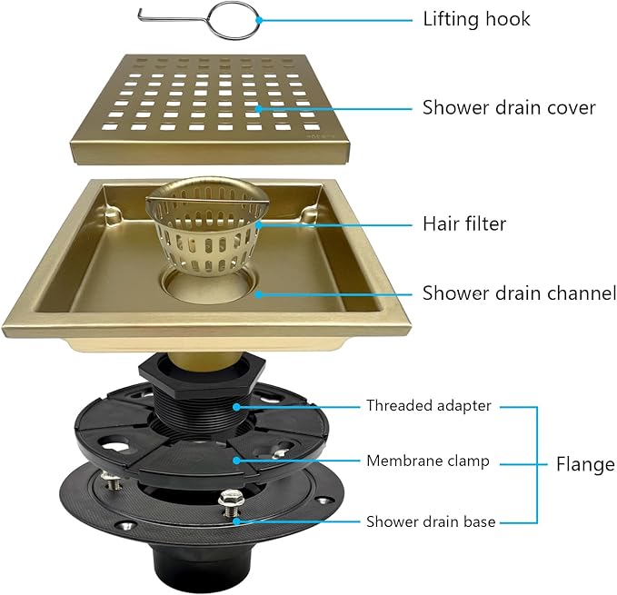 4 Inch Square Shower Drain with Flange, Removeable Grate SUS 304 Stainless Steel Shower Drain with Hair Catcher (Brushed Gold, 4 Inch)