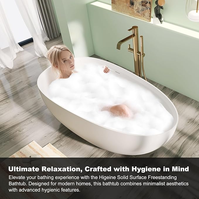 Premium 67'' Solid Surface Freestanding Bathtub, Upgraded Oval Shape Stone Resin Soaking Tub with Drain and Overflow, Matte White