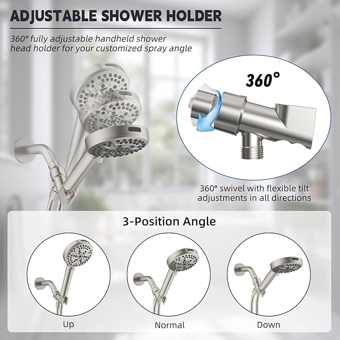 Hibbent Universal All Metal Handheld Shower Head Holder, Adjustable Solid Brass Shower Wand Holder, 2 Size Shower Bracket Holes for Bathroom, Fits All Showerhead Hoses & Shower Arm, Brushed Nickel