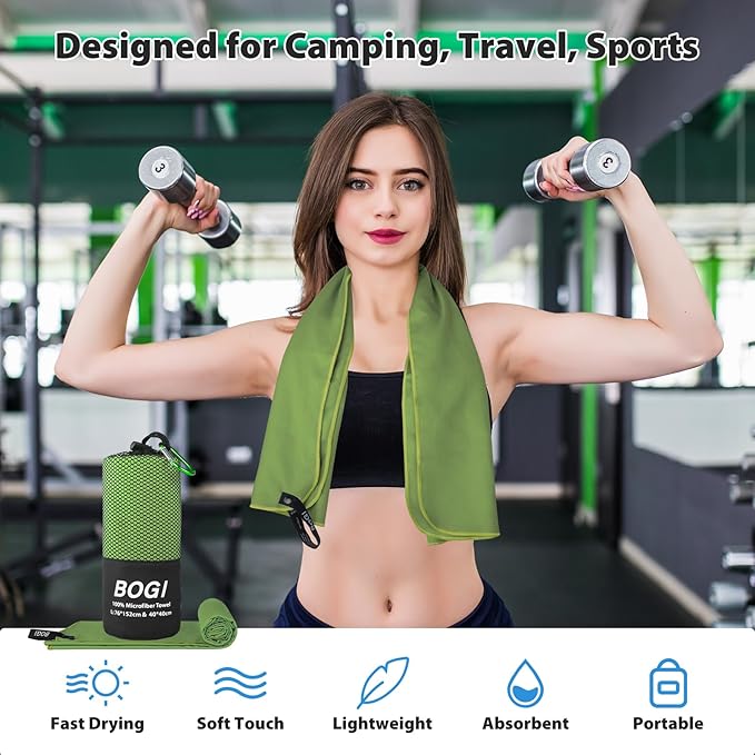 BOGI Microfiber Travel Sports Towel-Quick Dry Travel Towel,Soft Lightweight Absorbent Compact for Camping Gym Beach Bath Yoga Swimming Backpacking (L:60''x30''+16''x16''-AGreen)