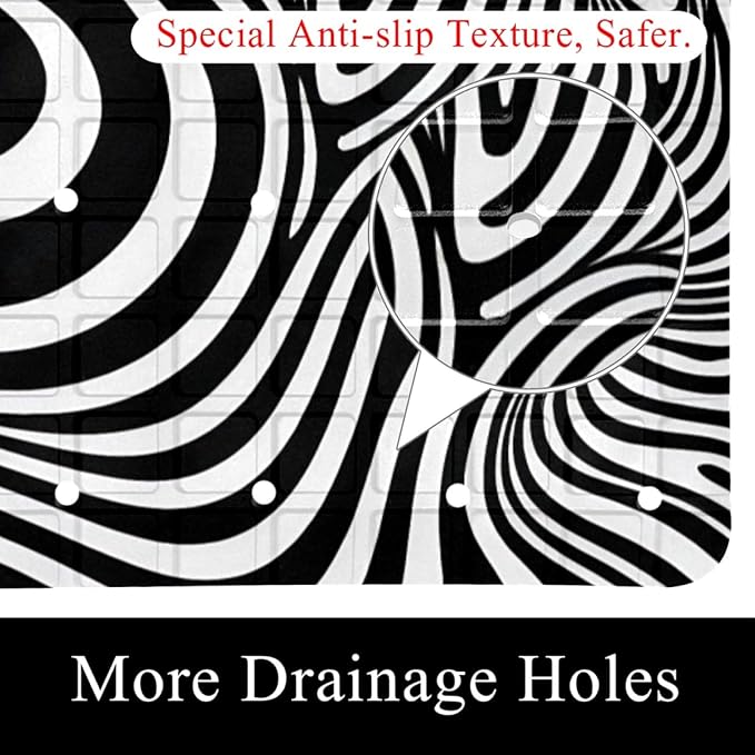Bath Tub and Shower Mats, Non Slip Bathmat with Drain Holes and Suction Cups for Bathroom Floor, 15.1 x 26.8 Inch (Art Abstract Black and White Lines Pattern)
