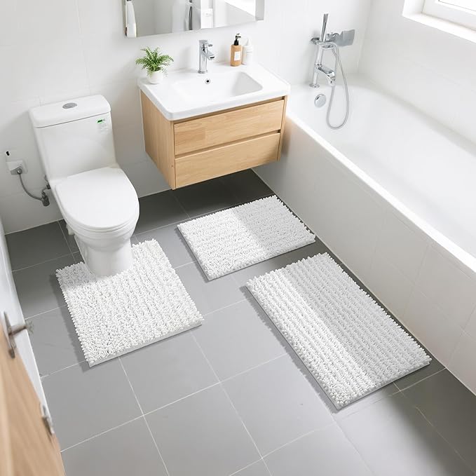 Yimobra Bathroom Rugs Non Slip Washable - Ultra Soft Absorbent Chenille Bath Mat, Quick Dry Shaggy Floor Carpet for Tub Shower, White Home Decor Accessories, 24x17 Inch