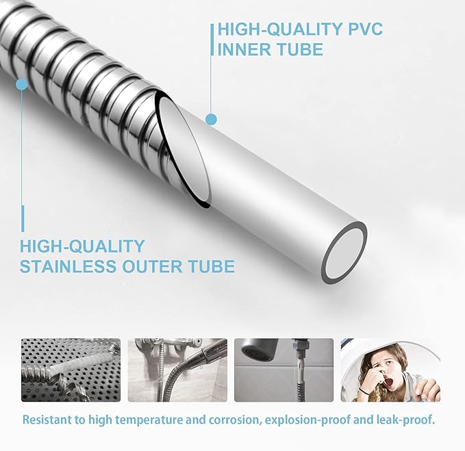 OFFO Shower Hose, 100 in Kink Free Stainless Steel Shower Hose Attachment Electroplating Handheld Shower Head Hose Flex Hoses Extension with Brass Insert & Nut for Pet Bathing Cleaning,Chrome