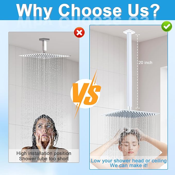 Ceiling Mount Shower Arm with Flange 20 Inches Square Straight Extender Extension Pipe Replacement, Long Shower Arm For Fixed Rain Shower Head or High Ceiling, Chrome