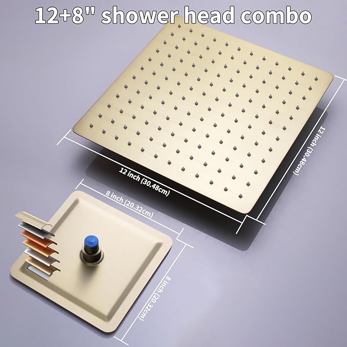 Thermostatic Shower System Brushed Gold Shower Faucet Set, Four Modes Shower Faucet with 4 PCS Body Jet, Handheld Spray, Ceiling Mount 12 inch Shower Head with 8 inch Wall Mount Shower Head