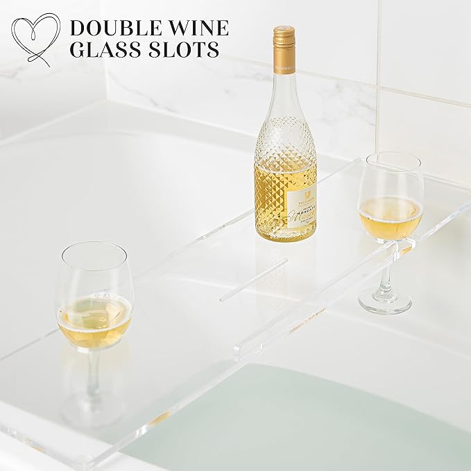 36" Supreme Plus- Luxury Bathtub Tray Caddy- 3/8" Thick, Clear Bath Tub Tray Table for 1 or 2 Bathers, Acrylic Bathtub Caddy, iPad and 2 Wine Glass Holders (Supreme Plus, 36")