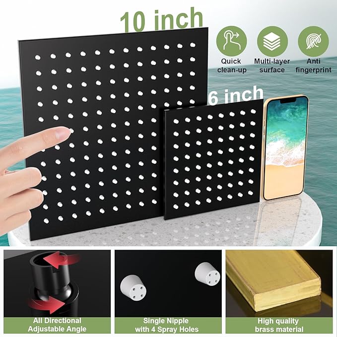 ENGA Shower Faucet Set, Dual Head Shower System 10" & 6" Square Rain Shower Heads with 2 in 1 Handheld Spray, 3 Way Water Diverter, Matte Black