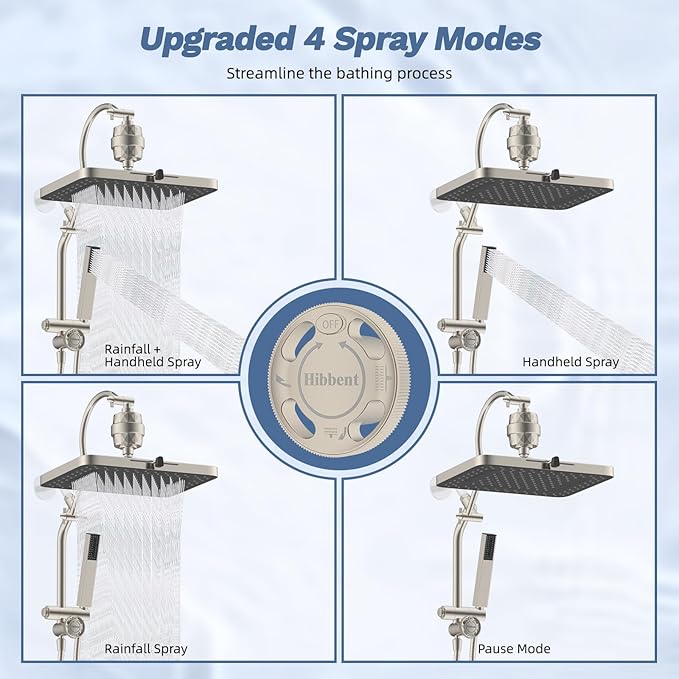 Hibbent 5-spray Filtered Rainfall Shower Head Combo, High Pressure 13'' Showerhead with Stainless Steel 4 Spray Modes Handheld, All Metal 4-way Diverter Arm, 71'' Hose & Holder, Brushed Nickel