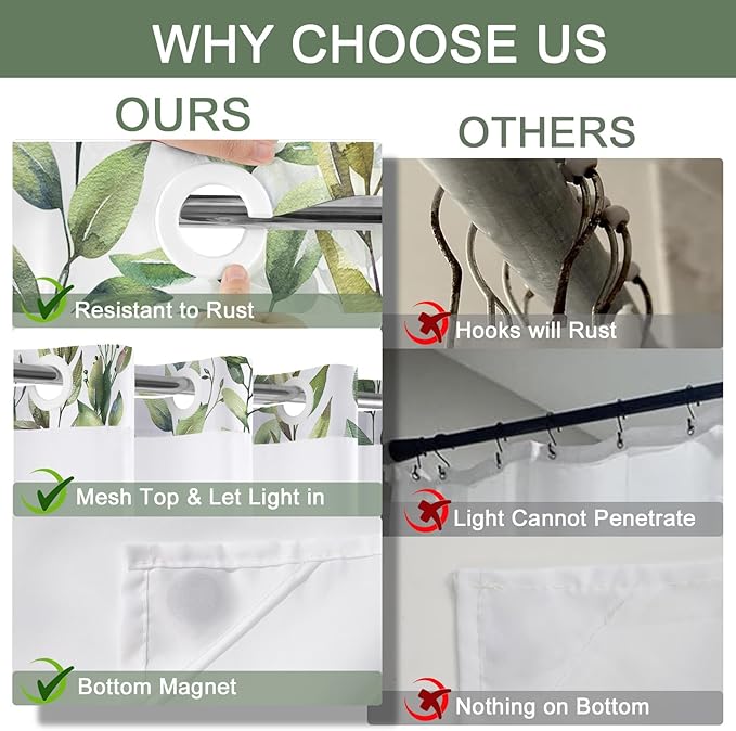 No Hook Shower Curtain and Liner Set, Green Eucalyptus Floral Shower Curtains for Bathroom, Bath Curtain Sets with Snap in Liner, Waterproof with See Through Top Window, 54x80 Inches