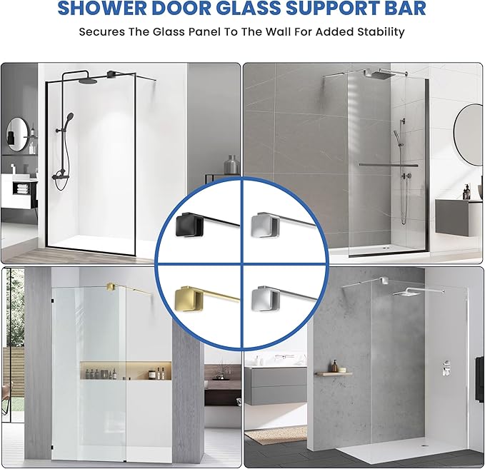Shower Door Glass Support Bar, 26.96" to 48.54" Adjustable Stainless Steel Wall-to-Glass Shower Stabilizer Rod for 1/4", 5/16", 3/8", Chrome