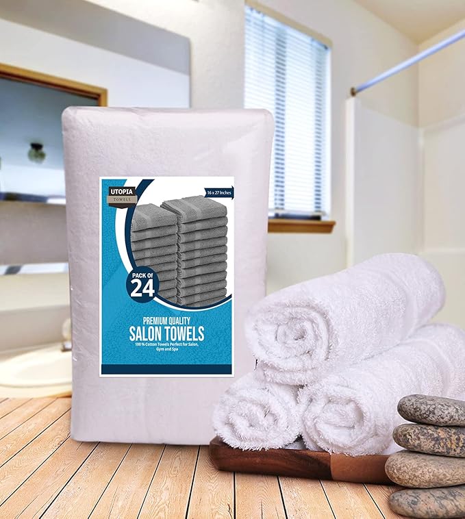 Utopia Towels, Salon Towel, Pack of 24, 16 by 27 Inches, Highly Absorbent Cotton Towels for Hand, Gym, Beauty, Spa, and Home Hair Care, White