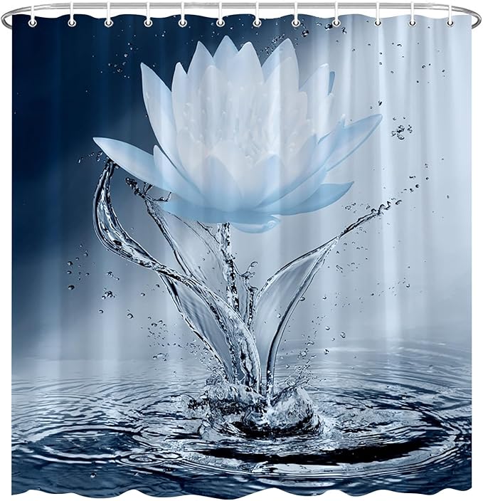 Lotus Shower Curtain Blue Flower Elegant Blooming Floral with Dew Spring Flower Reflection on Water Modern Romantic Polyester Fabric Bathroom Decor 60×70 Inch with Hook