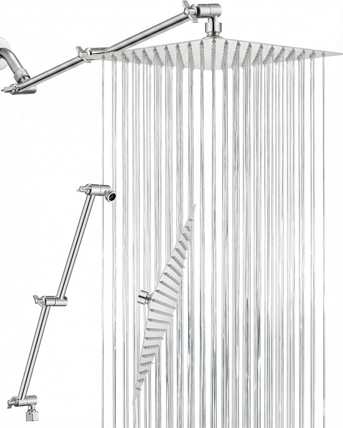 All Metal Rain Shower Head, 10'' High Pressure Rainfall Square Showerhead with 16" Shower Head Extension Arm, Brass Adjustable Shower Arm Extender, Waterfall fixed Showerheads, Chrome